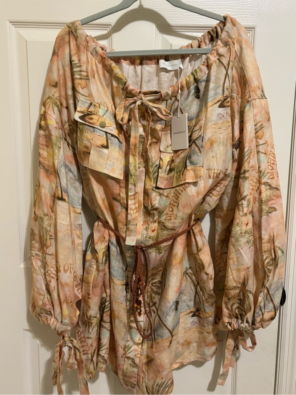 Zimmermann Peach Multi-Print Tie-Neck Peasant Tunic